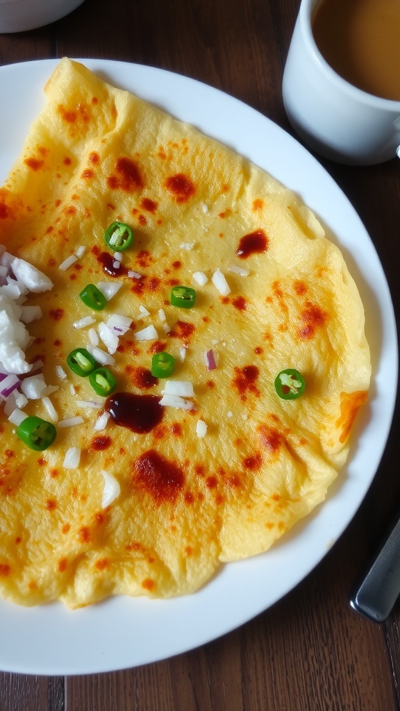 Crispy onion dosa served with coconut chutney and sambar on a rustic table.